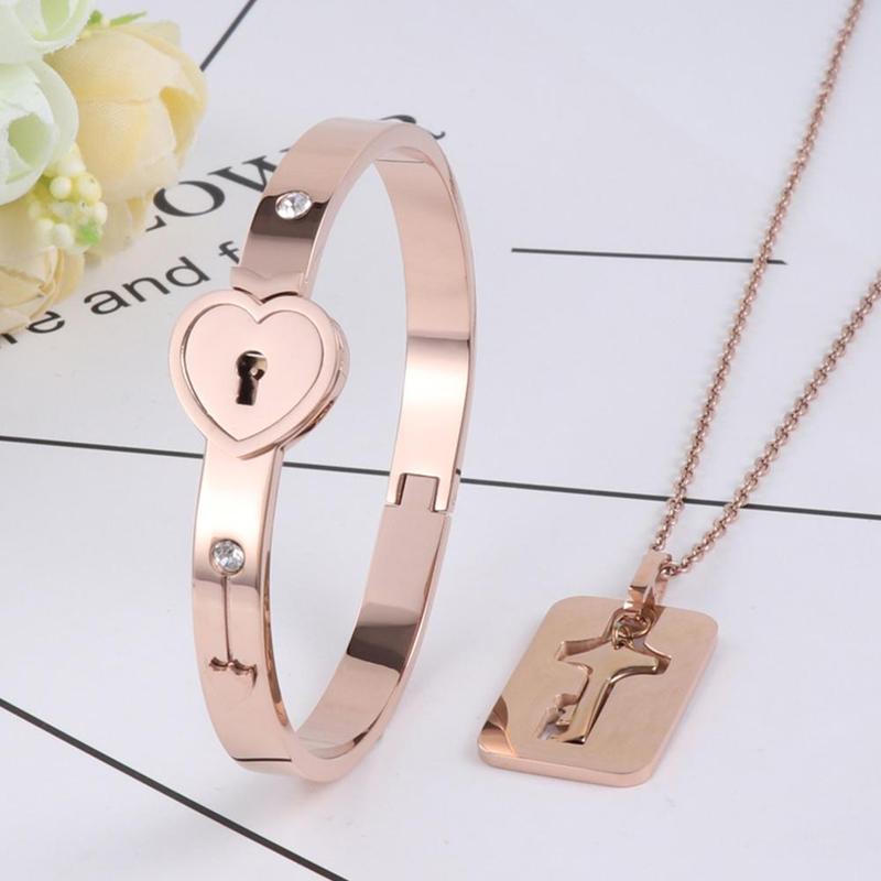 JRjewelry His and Hers Korean Style Rosegold Stainless Steel Hold The Key  to My Heart Forever Lock Bangle Bracelet and Key Pendant Necklace Set-BR399